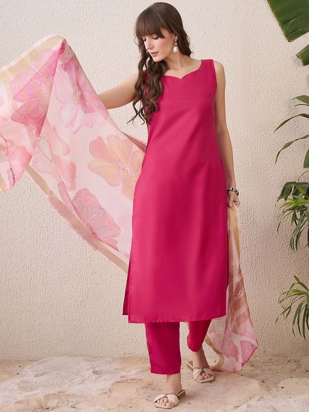 Dhiyona IE Floral Printed Sweetheart Neck Cotton Straight Kurta With Trousers & Dupatta