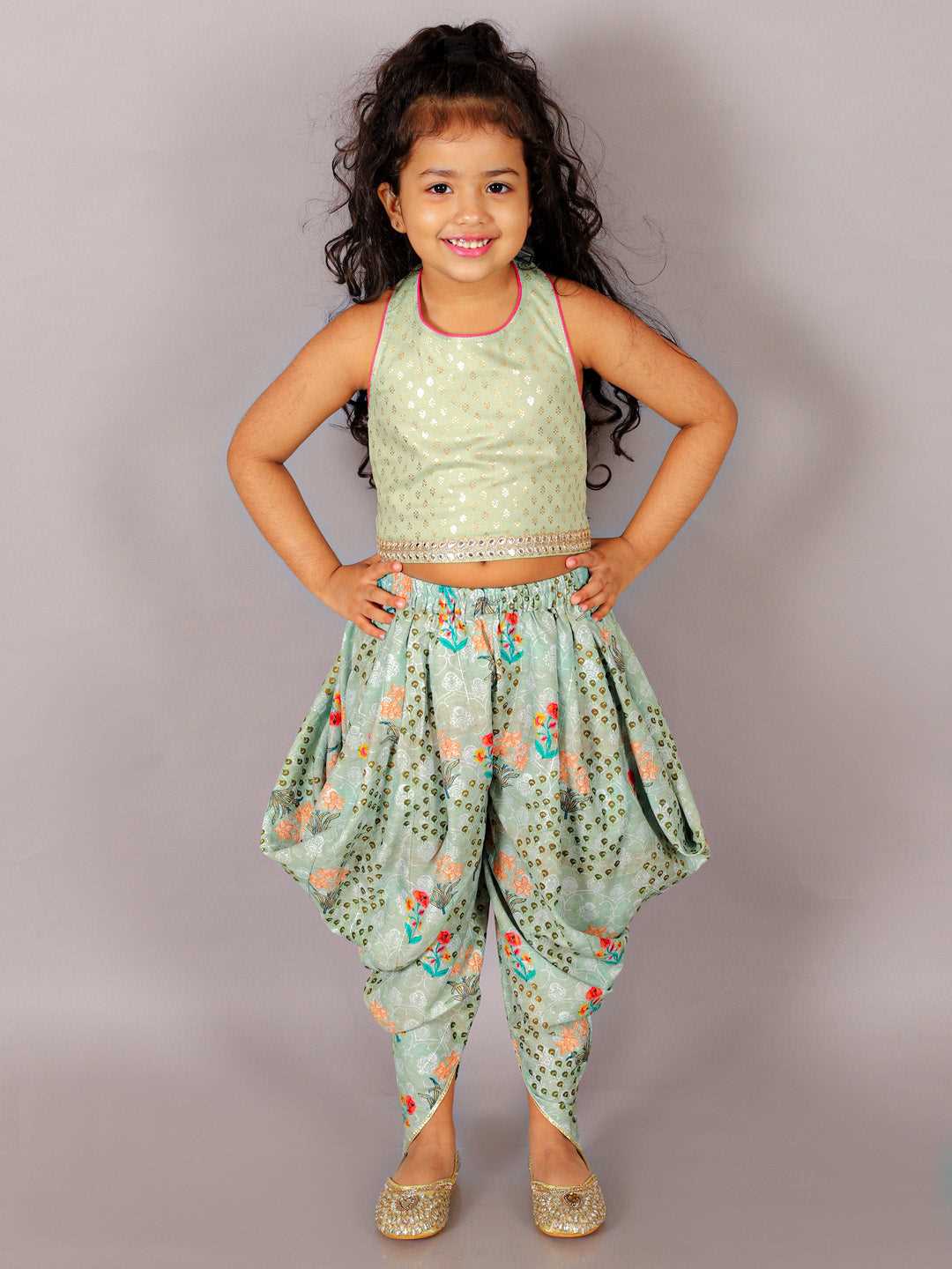 Fusion Fair Girls Green Crop Top with Dhoti Girls Co-ordinate set