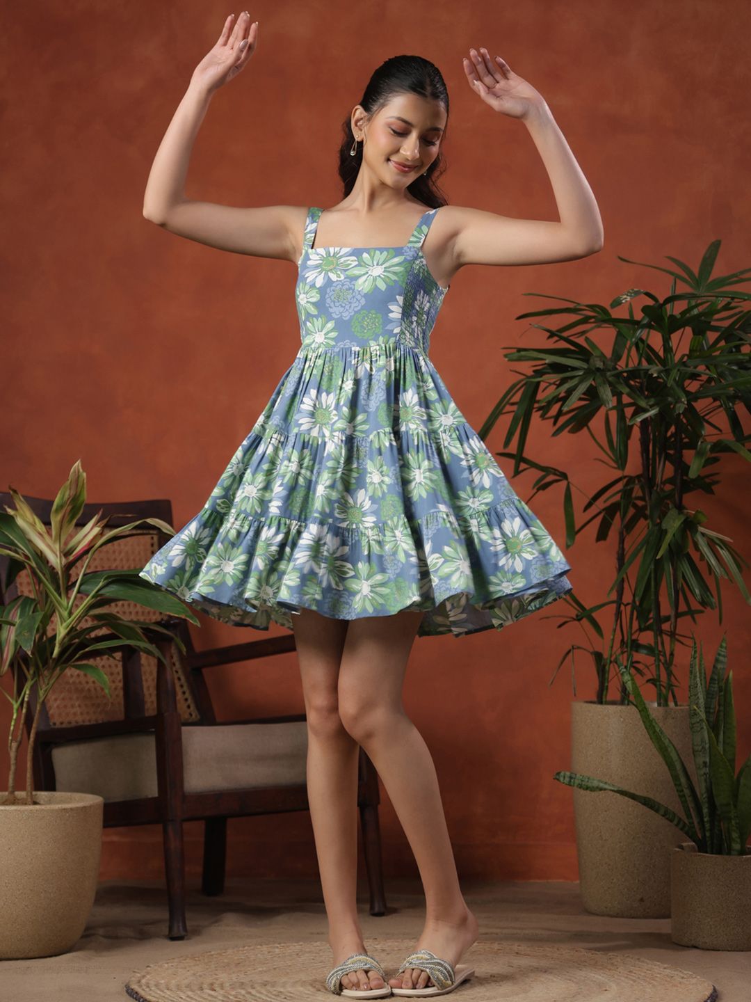 Dhiyona AY Women's Floral Print Shoulder Straps Smocked Tiered Fit & Flare Dress