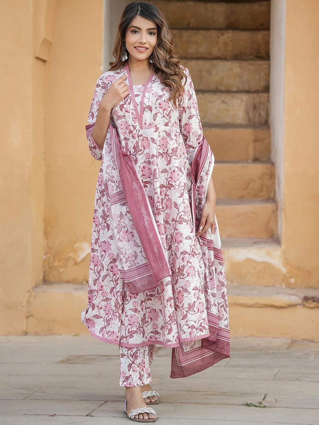 Dhiyona KL Floral Printed Regular Thread Work Pure Cotton Kurta with Trousers & Dupatta