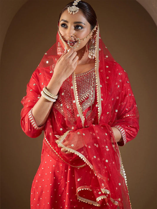 Dhiyona IE Floral Embroidered Sequinnce Work Kurta With Trousers & Dupatta