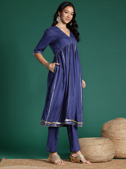 Gotta Patti Detail Empire Kurta Set With Striped Dupatta