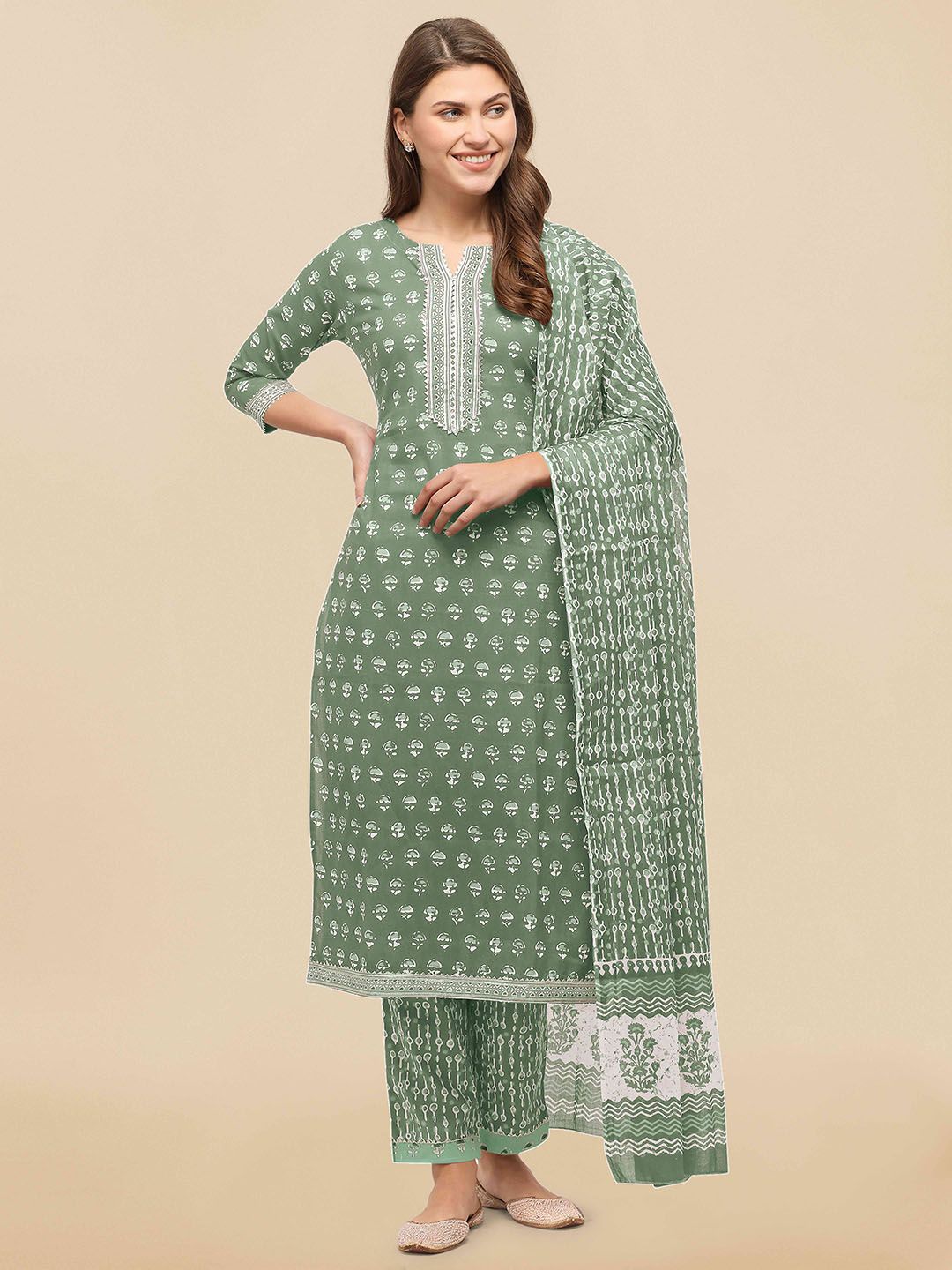 Dhiyona KL Women Green Ethnic Motifs Printed Regular Gotta Patti Kurta with Palazzos & With Dupatta