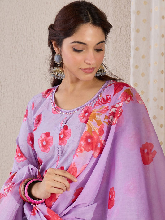 Women Floral Printed Cotton Kurta with Trousers & Dupatta