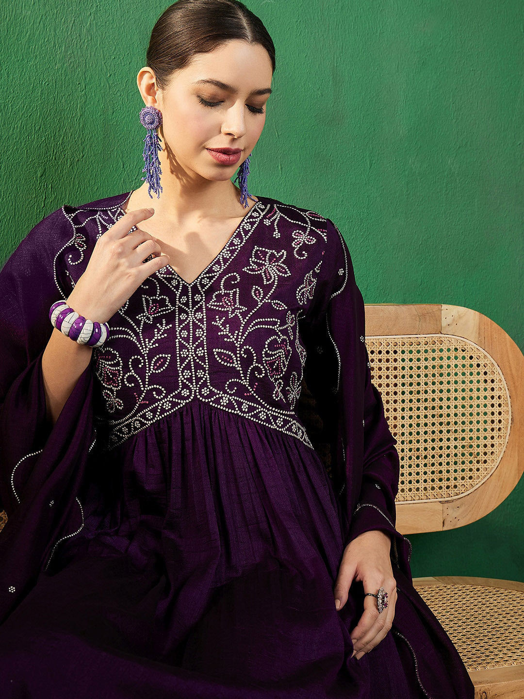 Dhiyona SN Alia Cut Ethnic Motifs Embroidered V-Neck A-line Kurta & Trousers With Dupatta