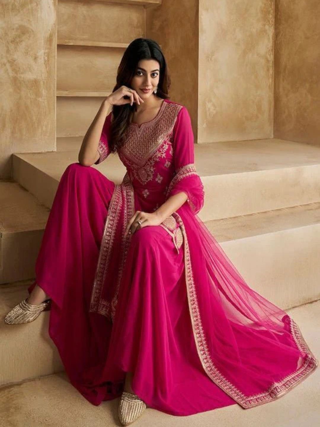 Dhiyona KL Floral Embroidered Notch Neck Sequinned Georgette Kurta With Sharara & Dupatta