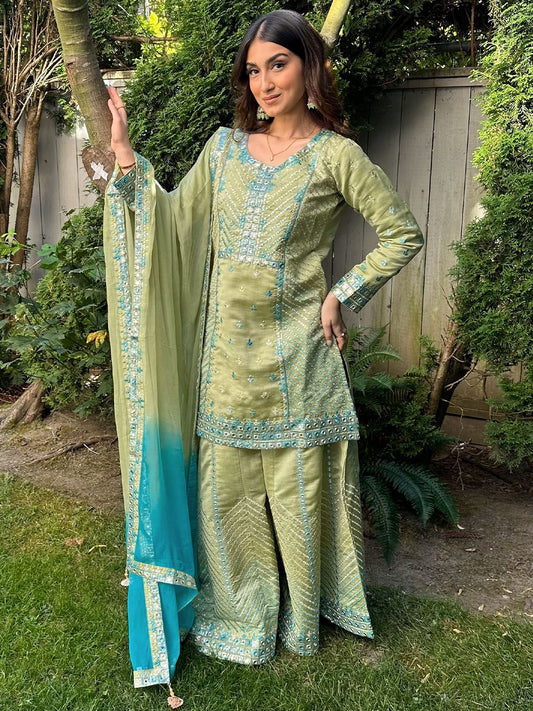 Dhiyona LL Women Floral Embroidered Mirror Work Kurta with Palazzos & Dupatta