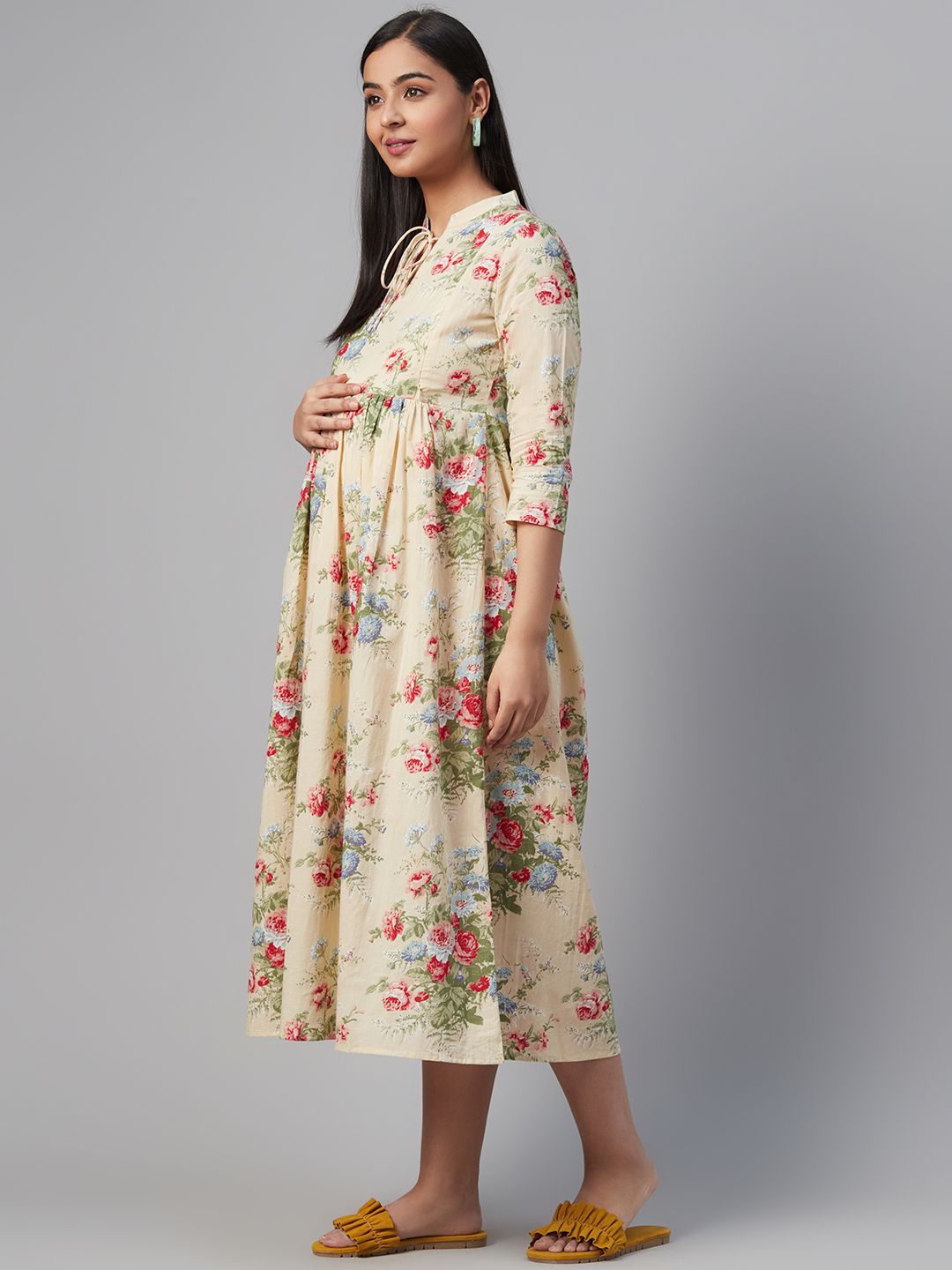 Dhiyona AY Women's Beige & Pink Floral Print Maternity A-Line Dress