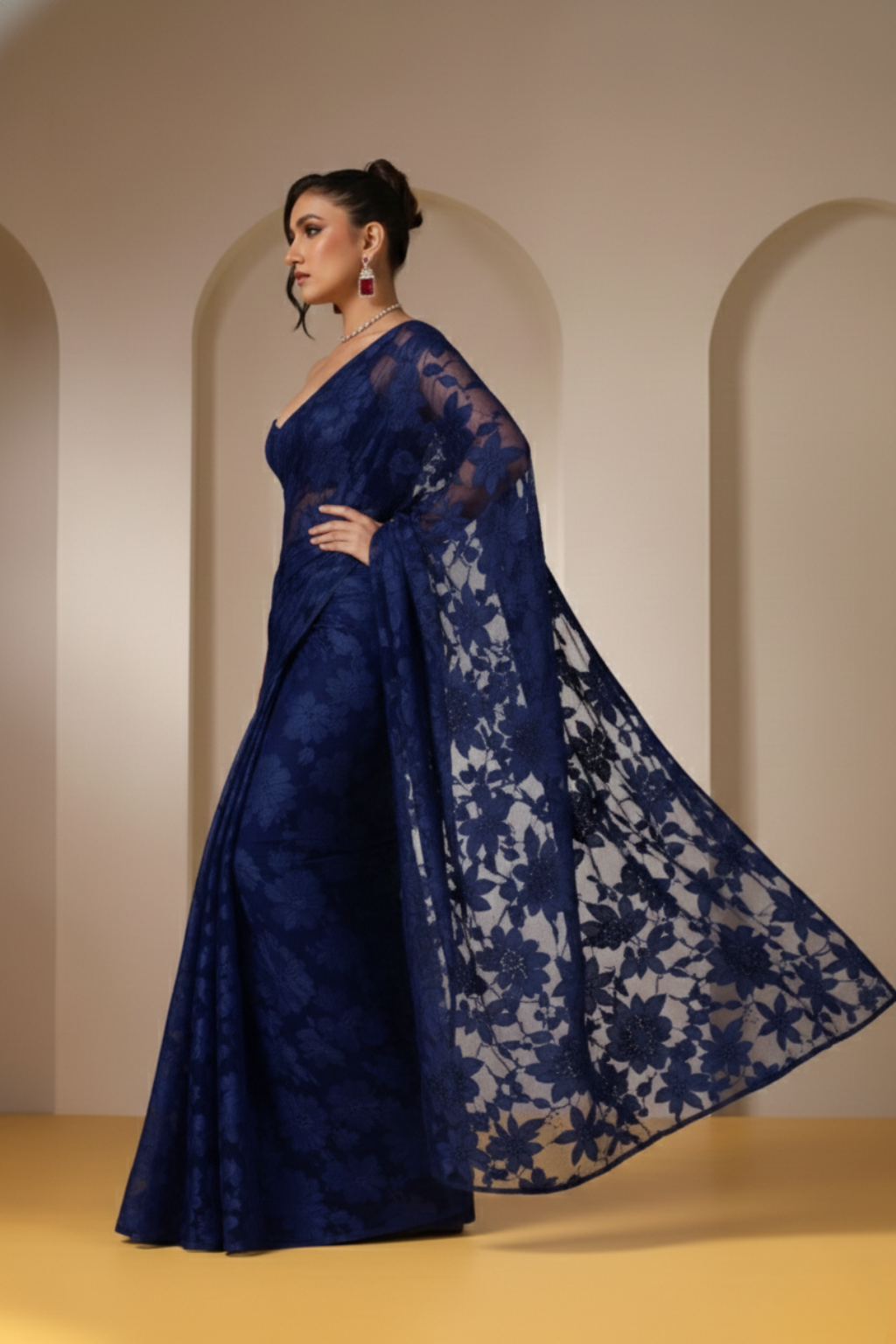 Dhiyona ST Navy Blue Leaf Lace Saree with plain Blouse Fabric