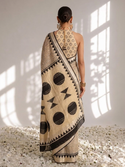 Dhiyona ST Cream and Black Stripe Hand Block Printed Cotton Saree with Blouse Fabric