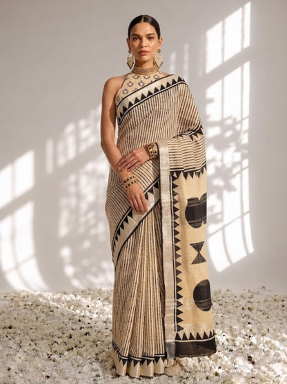 Dhiyona ST Cream and Black Stripe Hand Block Printed Cotton Saree with Blouse Fabric