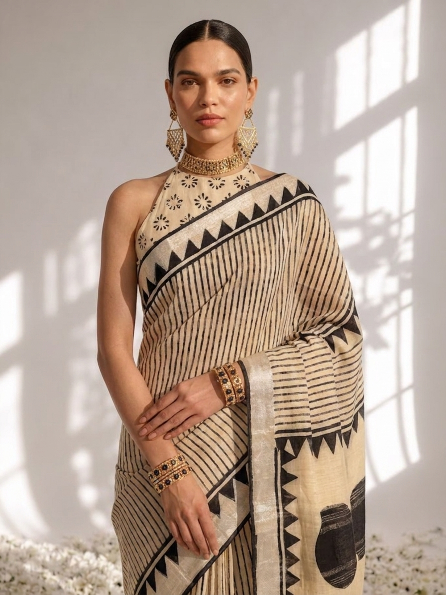 Dhiyona ST Cream and Black Stripe Hand Block Printed Cotton Saree with Blouse Fabric