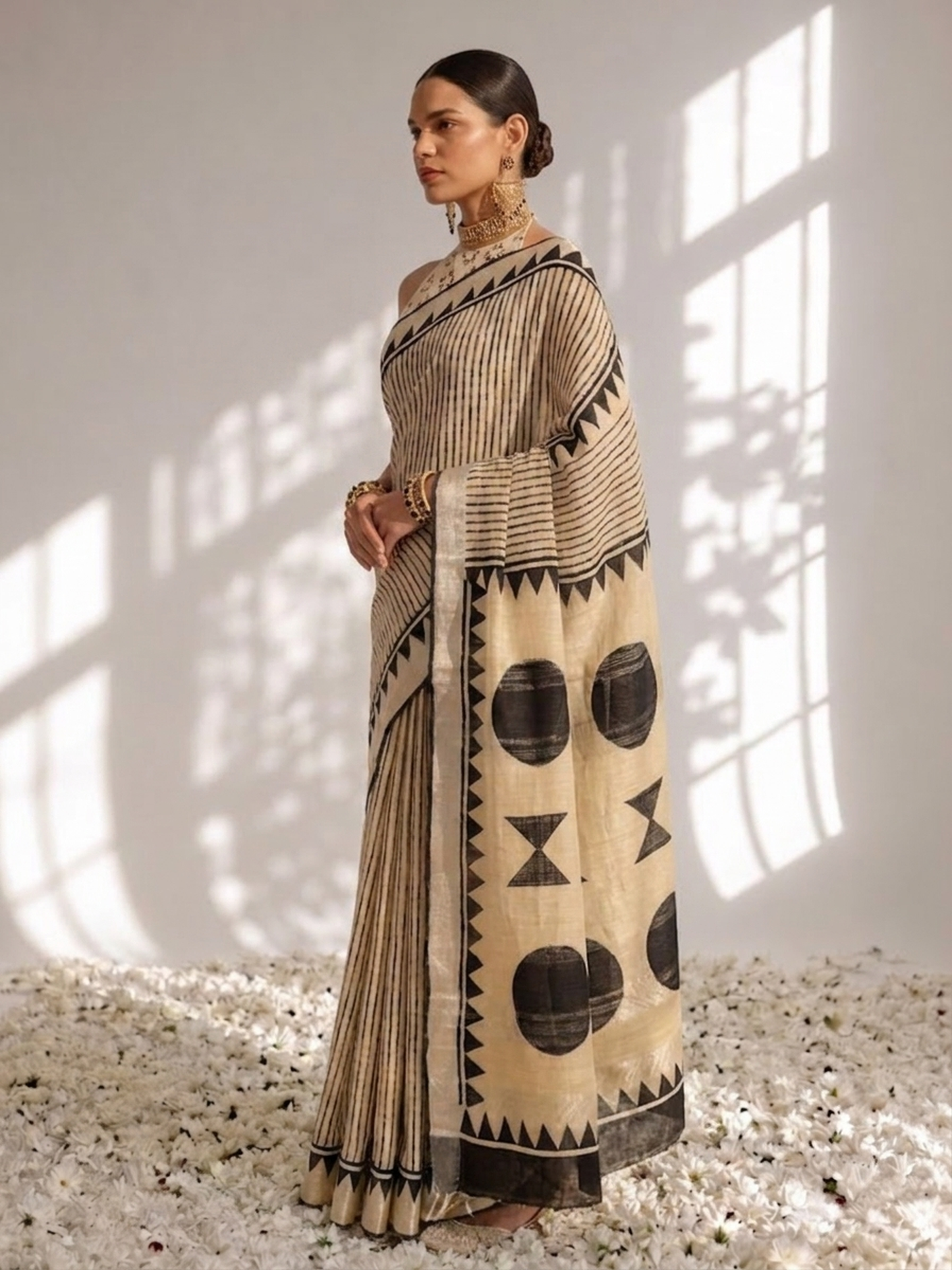 Dhiyona ST Cream and Black Stripe Hand Block Printed Cotton Saree with Blouse Fabric