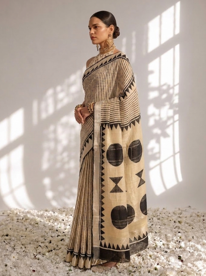 Dhiyona ST Cream and Black Stripe Hand Block Printed Cotton Saree with Blouse Fabric