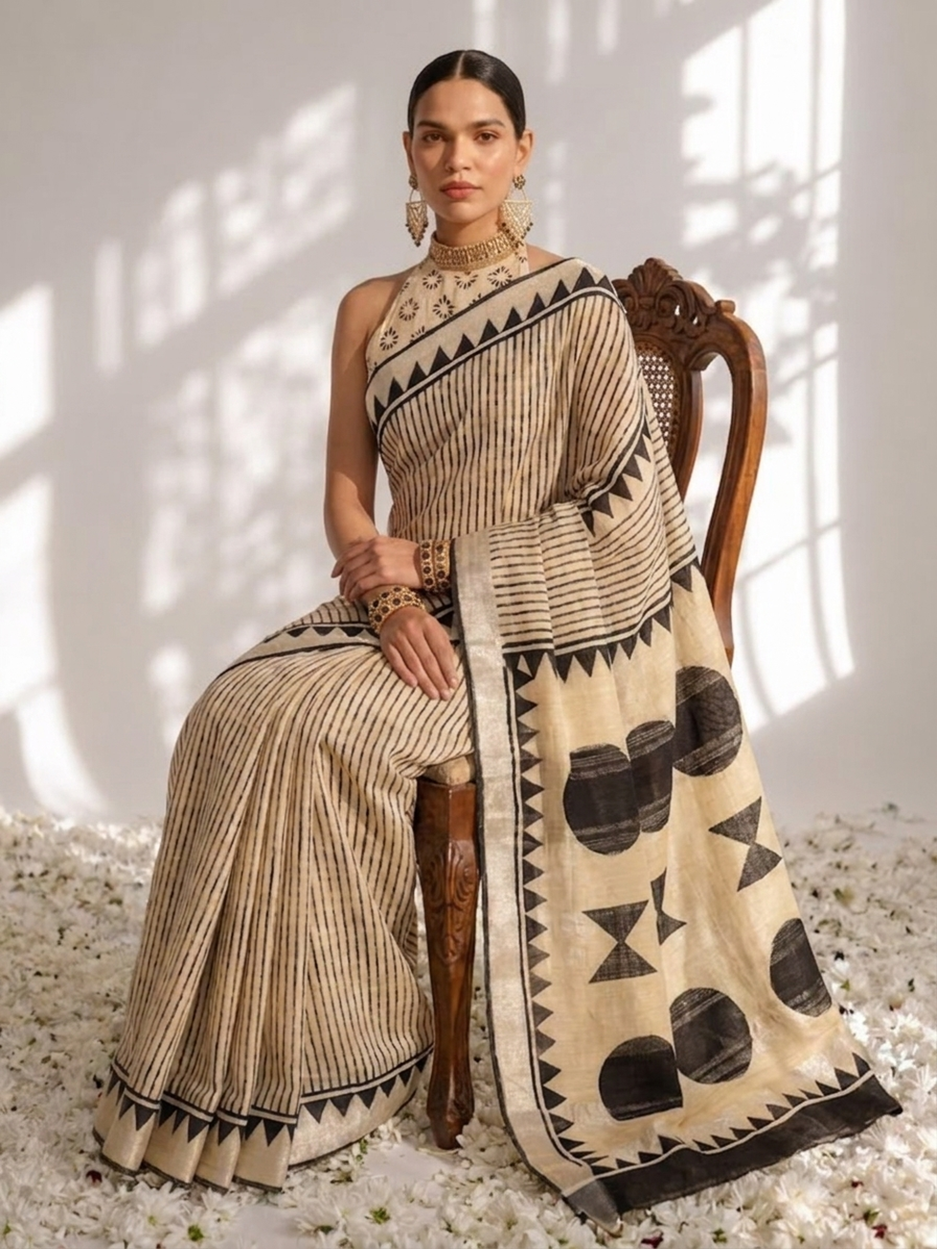 Dhiyona ST Cream and Black Stripe Hand Block Printed Cotton Saree with Blouse Fabric