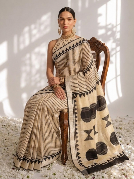 Dhiyona ST Cream and Black Stripe Hand Block Printed Cotton Saree with Blouse Fabric
