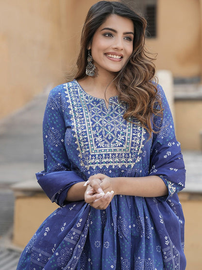 Dhiyona KL Bandhani Embroidered Round Neck Thread Work Pure Cotton Kurta Trousers & Dupatta