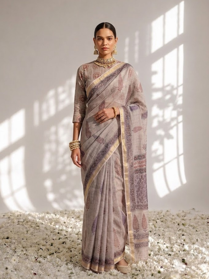 Dhiyona ST Lilac Pure Silk Kota Printed Saree with Blouse Fabric