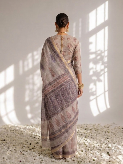 Dhiyona ST Lilac Pure Silk Kota Printed Saree with Blouse Fabric