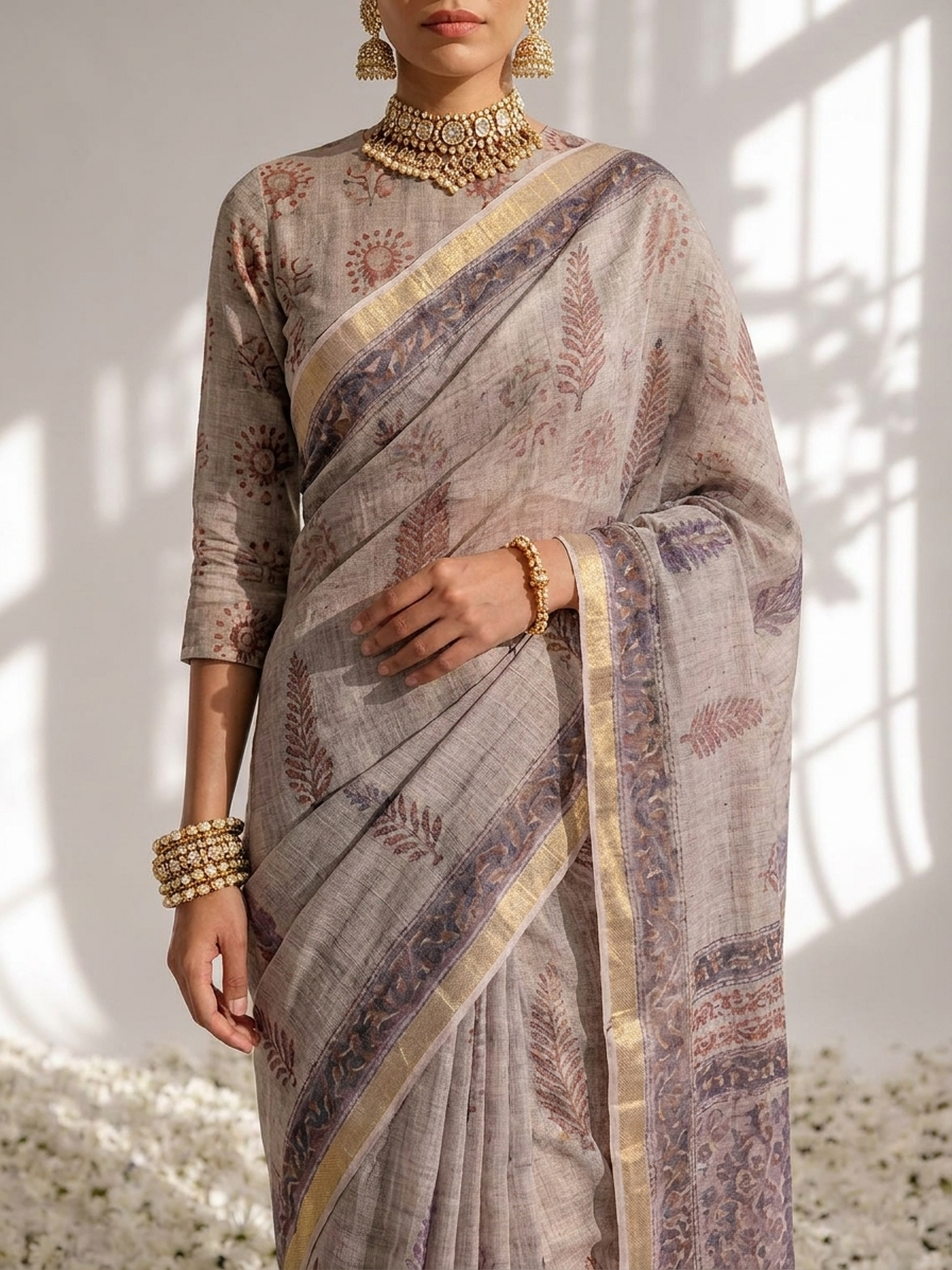 Dhiyona ST Lilac Pure Silk Kota Printed Saree with Blouse Fabric