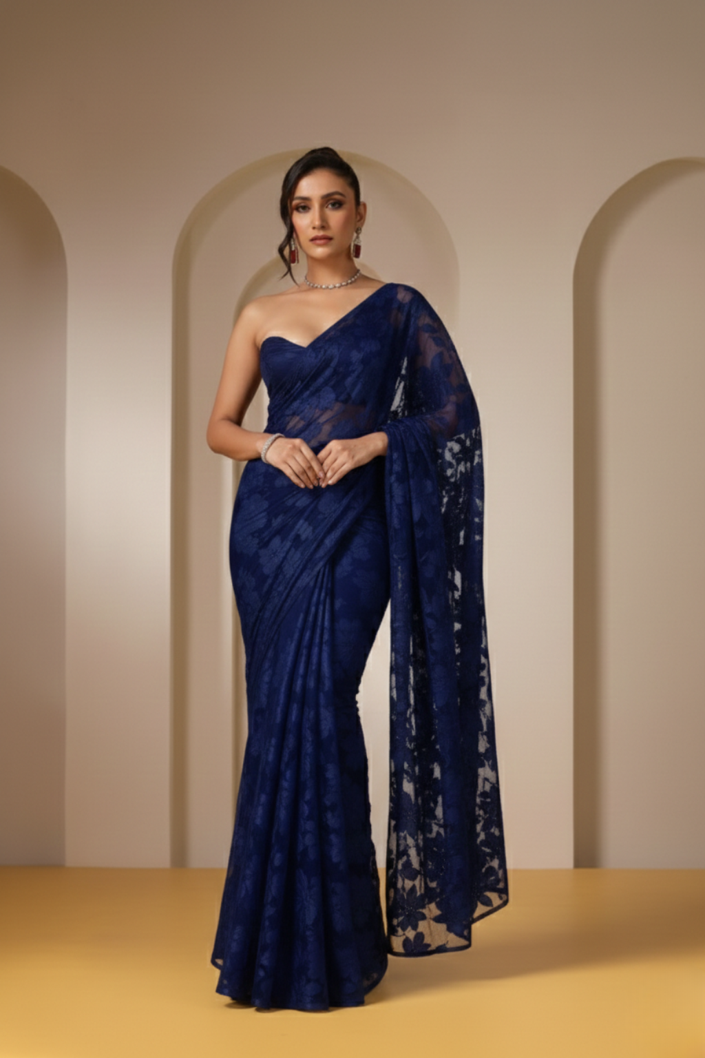Dhiyona ST Navy Blue Leaf Lace Saree with plain Blouse Fabric