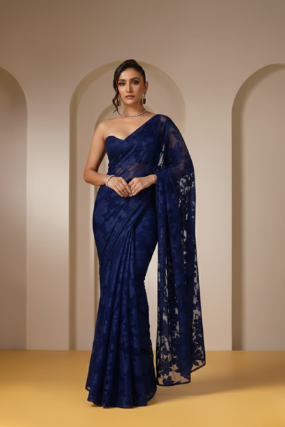 Dhiyona ST Navy Blue Leaf Lace Saree with plain Blouse Fabric