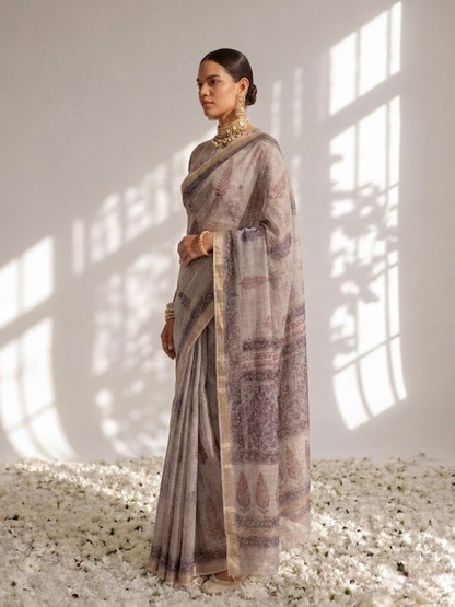 Dhiyona ST Lilac Pure Silk Kota Printed Saree with Blouse Fabric