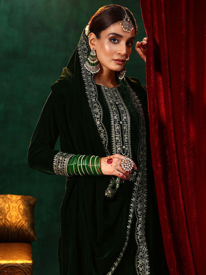 Floral Yoke Design Straight Sequinned Velvet Kurta with Trousers & With Dupatta