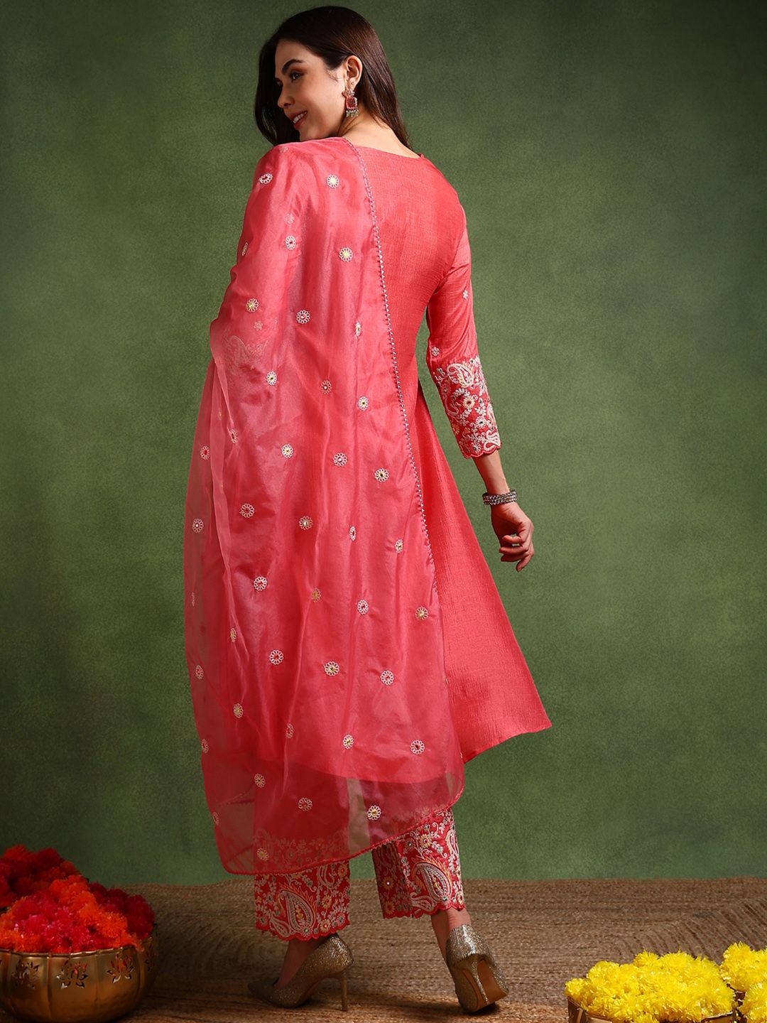 Dhiyona KL Floral Embroidered V-Neck Pleated A-Line Kurta with Palazzos & Dupatta