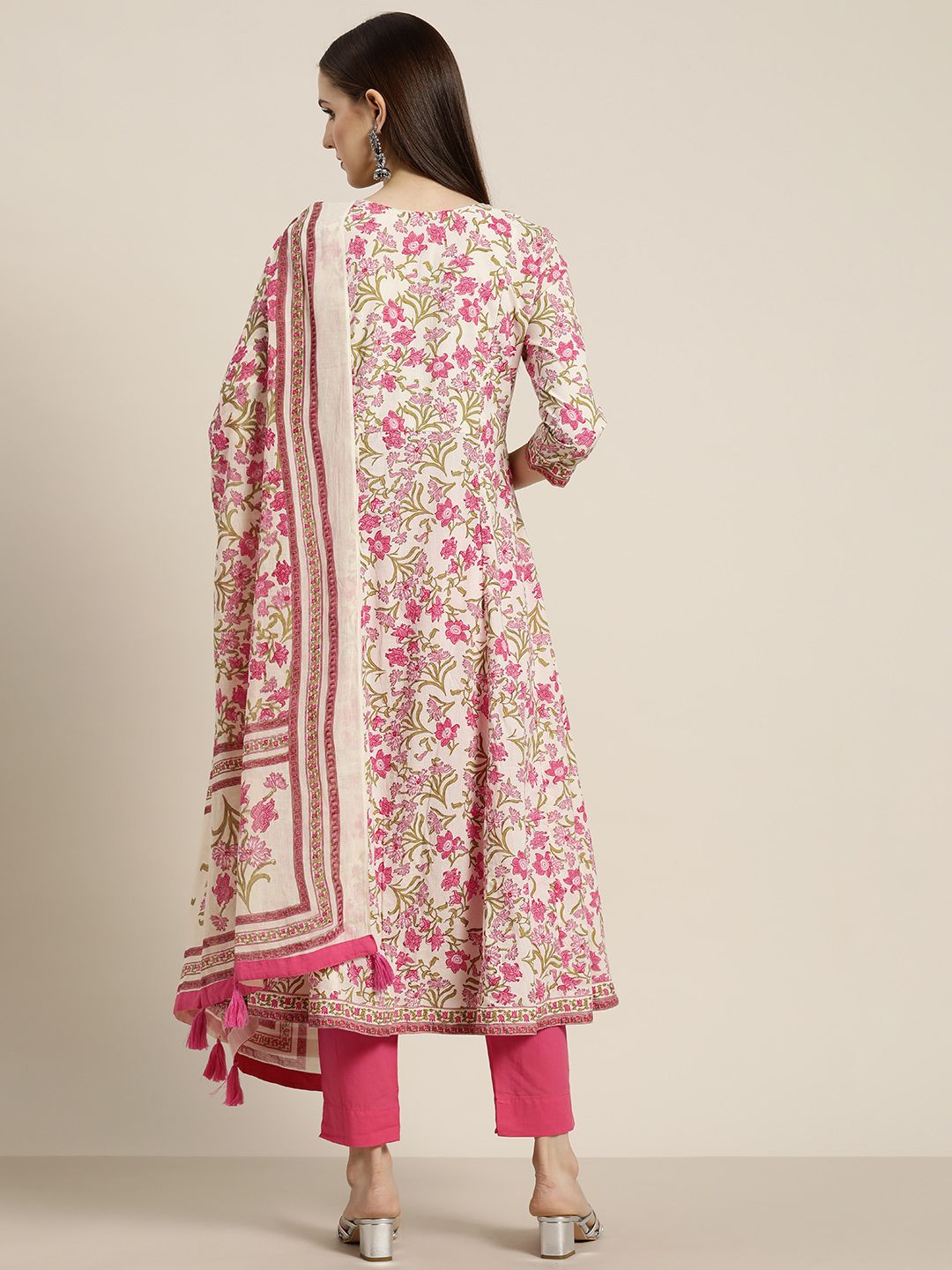 Dhiyona RR Women's Pink Floral Printed Sequinned Pure Cotton Kurta with Trousers & With Dupatta