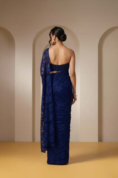 Dhiyona ST Navy Blue Leaf Lace Saree with plain Blouse Fabric