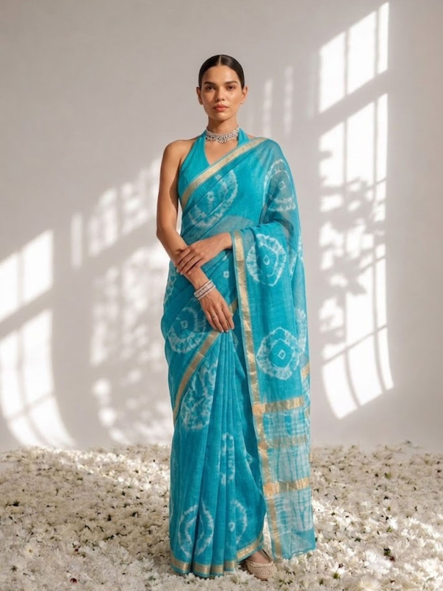 Dhiyona ST Turquoise Linen Cotton Saree with Blouse Fabric