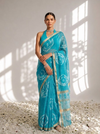 Dhiyona ST Turquoise Linen Cotton Saree with Blouse Fabric