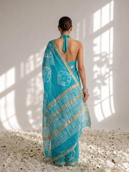 Dhiyona ST Turquoise Linen Cotton Saree with Blouse Fabric