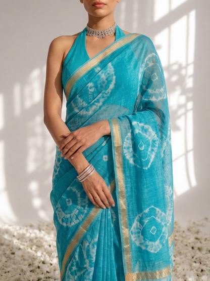 Dhiyona ST Blue Pure Silk Kota Printed Saree with Blouse Fabric