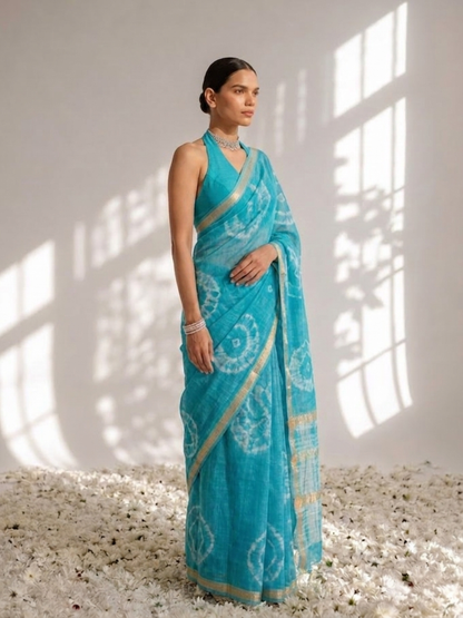 Dhiyona ST Blue Pure Silk Kota Printed Saree with Blouse Fabric