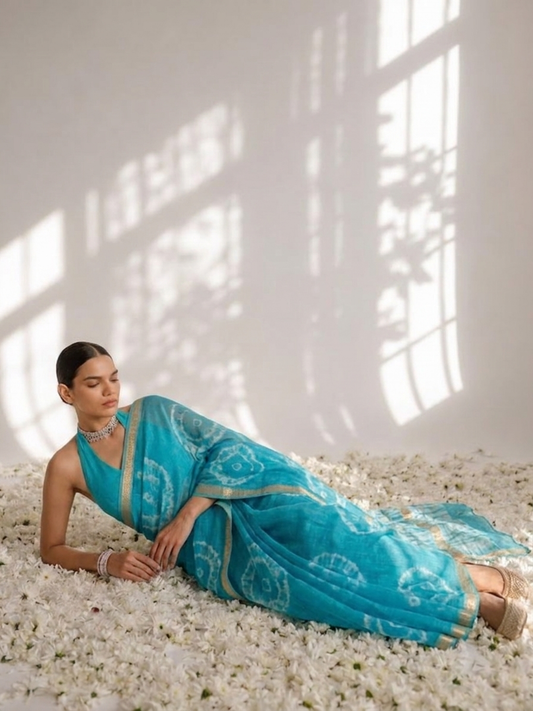 Dhiyona ST Turquoise Linen Cotton Saree with Blouse Fabric