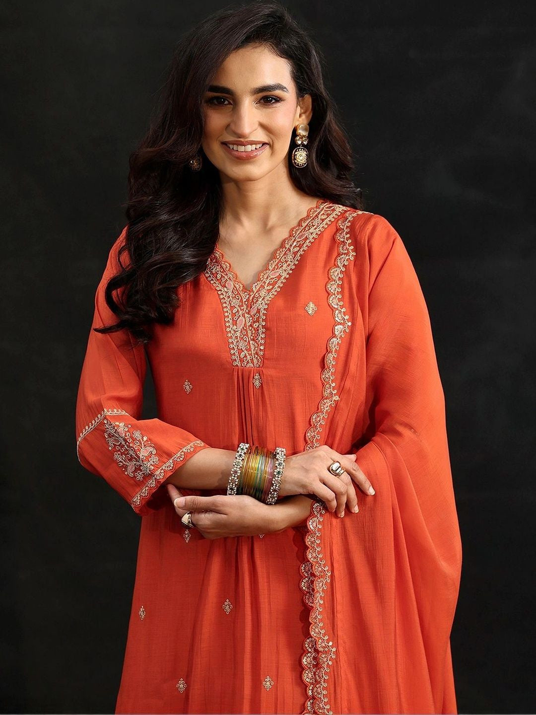 Orange Embroidered Chanderi Cotton A-Line Suit Set
