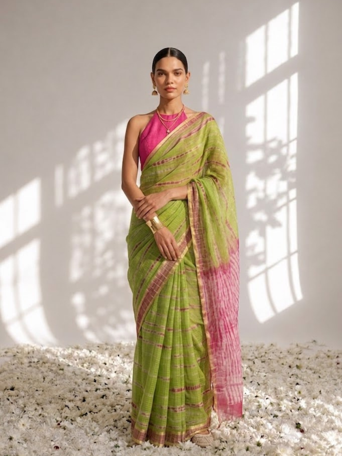 Dhiyona ST Green and Pink Pure Silk Kota Tie Dye Saree with Blouse Fabric