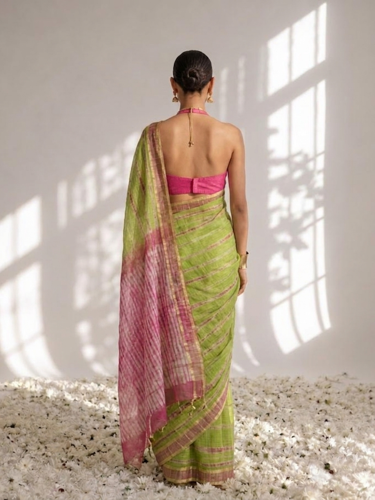 Dhiyona ST Green and Pink Pure Silk Kota Tie Dye Saree with Blouse Fabric
