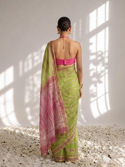 Dhiyona ST Green and Pink Pure Silk Kota Tie Dye Saree with Blouse Fabric