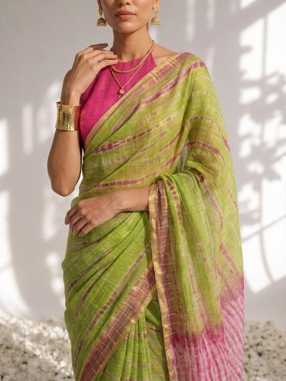 Dhiyona ST Green and Pink Pure Silk Kota Tie Dye Saree with Blouse Fabric