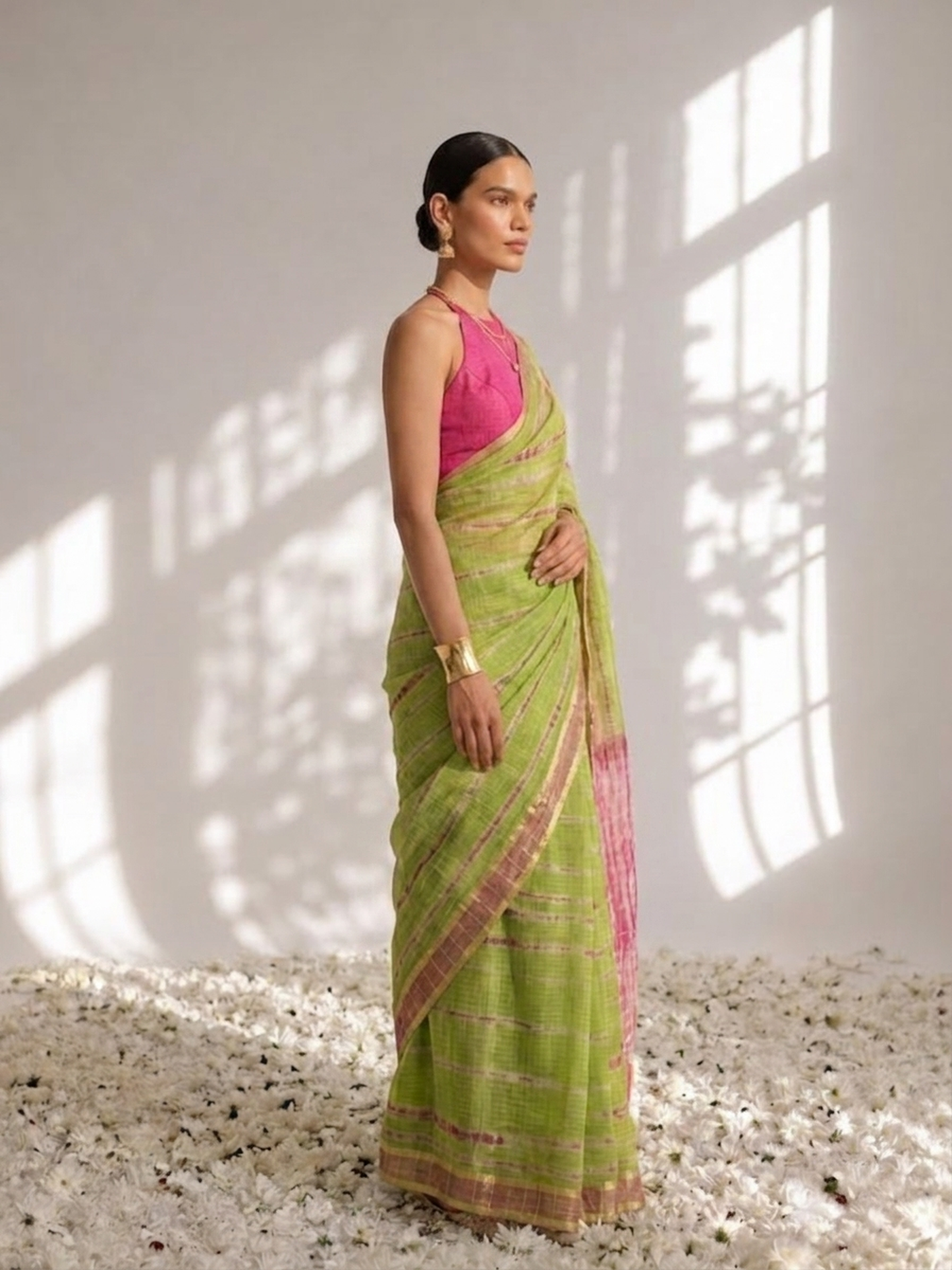 Dhiyona ST Green and Pink Pure Silk Kota Tie Dye Saree with Blouse Fabric