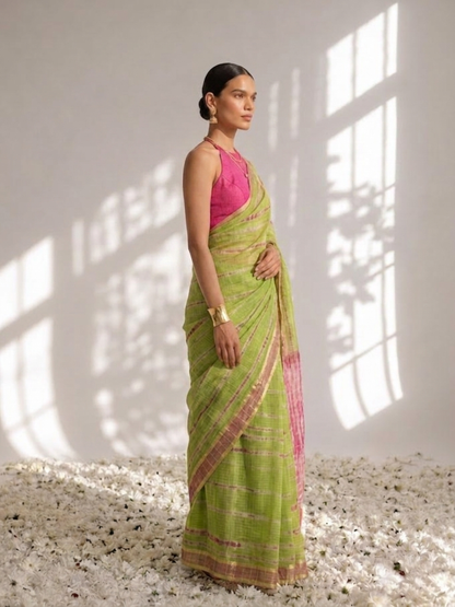 Dhiyona ST Green and Pink Pure Silk Kota Tie Dye Saree with Blouse Fabric