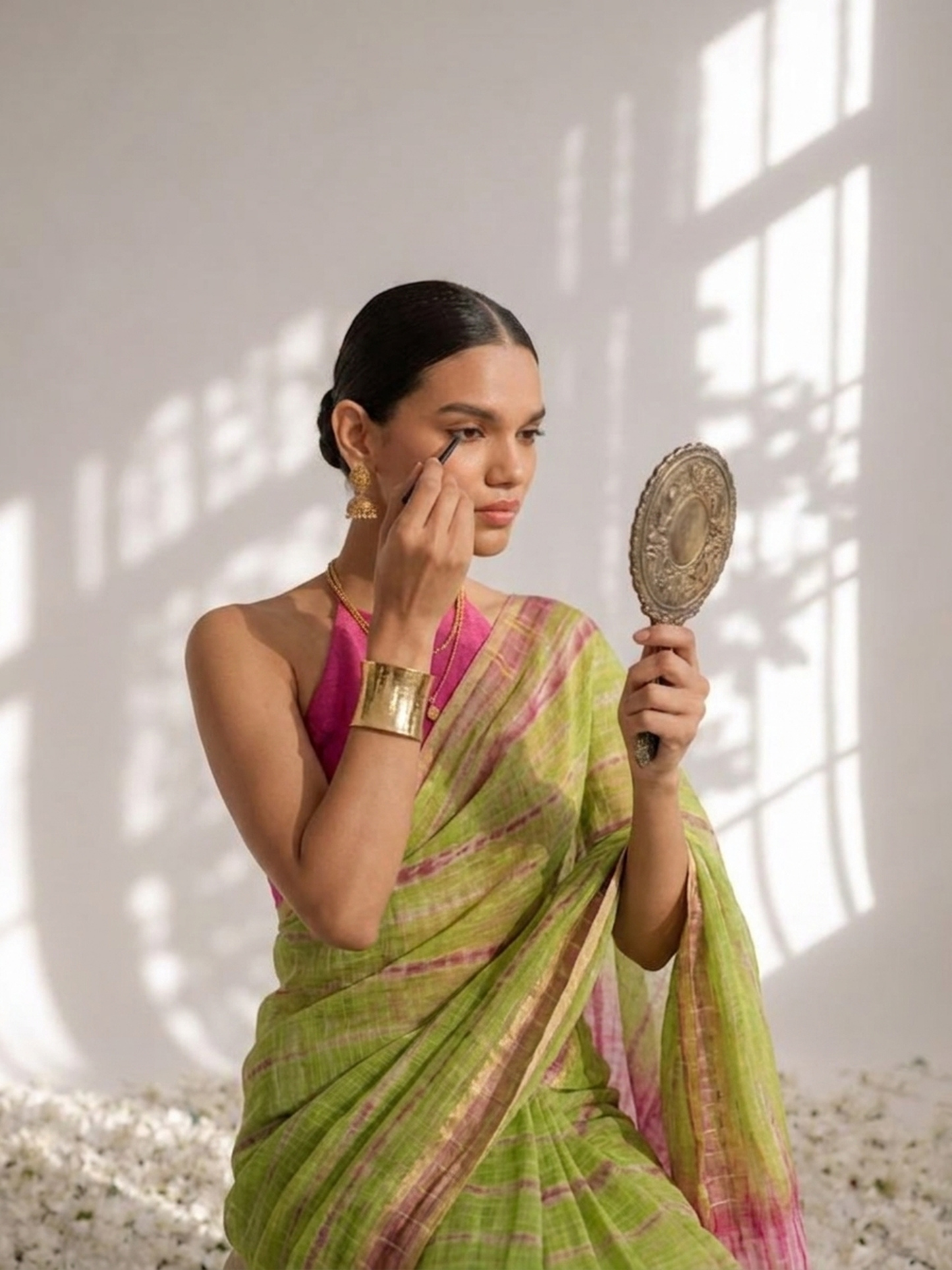Dhiyona ST Green and Pink Pure Silk Kota Tie Dye Saree with Blouse Fabric