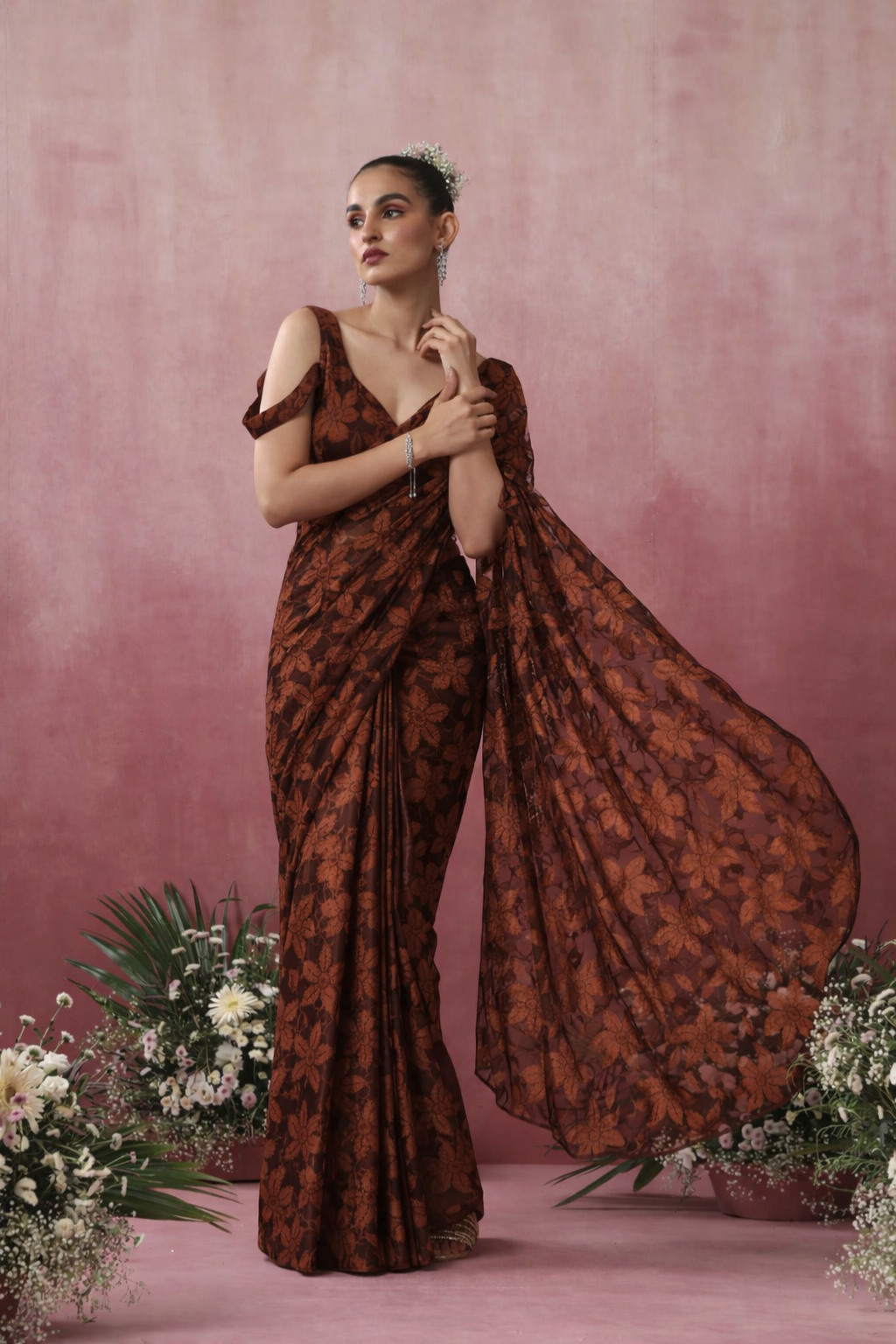 Dhiyona ST Chocolate Leaf Lace Saree with plain Blouse Fabric