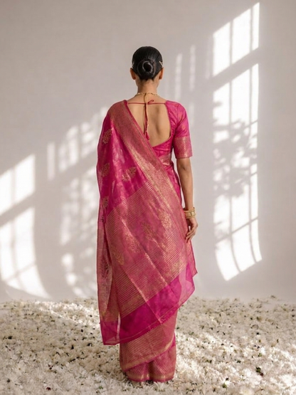 Dhiyona ST Fuchsia Pure Silk Kota Printed Saree with Blouse Fabric