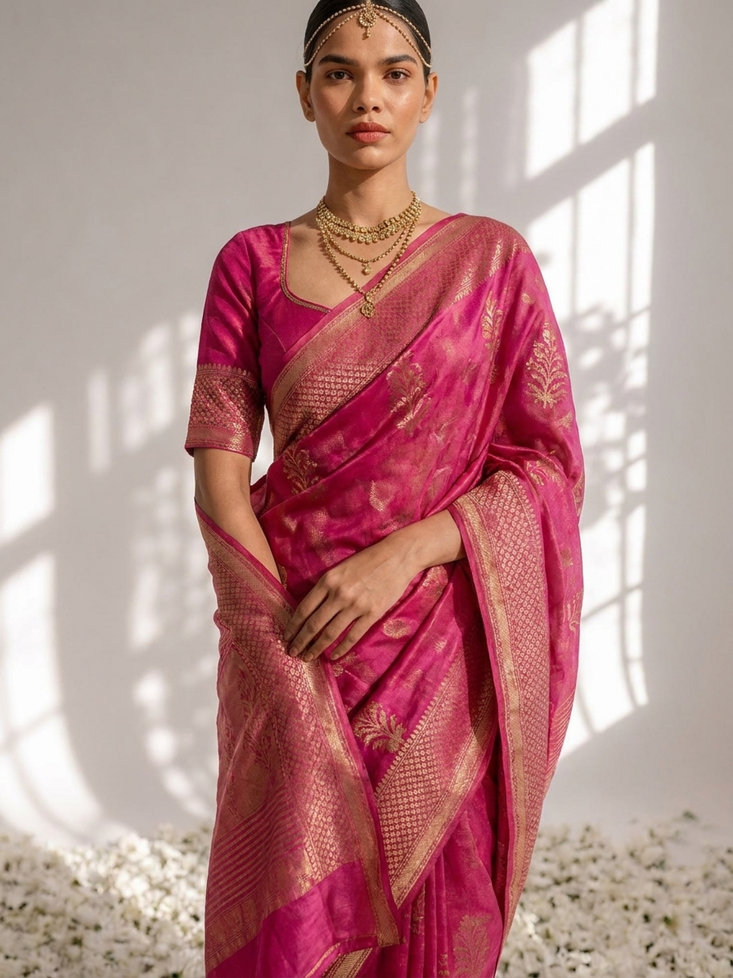 Dhiyona ST Fuchsia Pure Silk Kota Printed Saree with Blouse Fabric