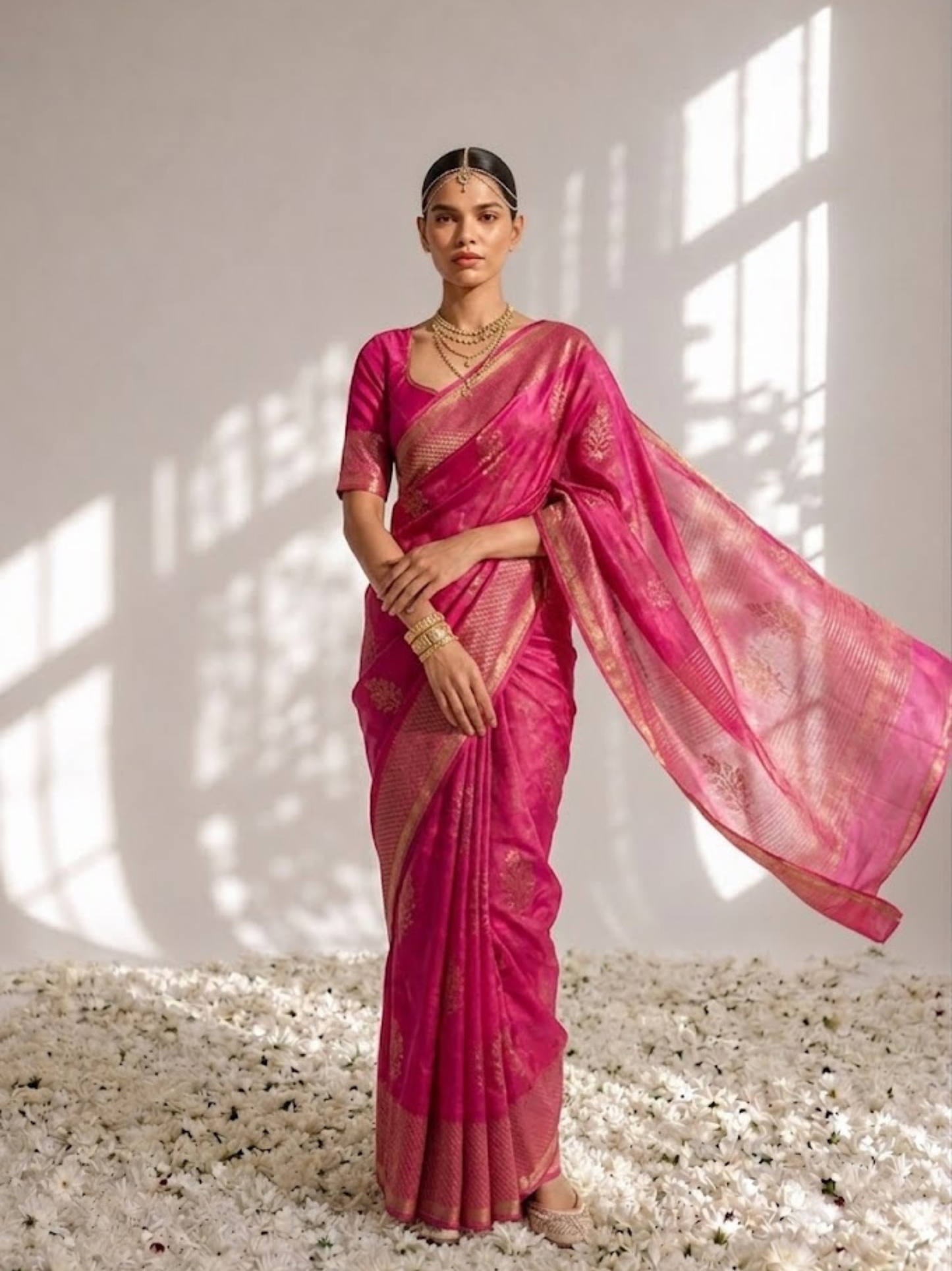Dhiyona ST Fuchsia Pure Silk Kota Printed Saree with Blouse Fabric