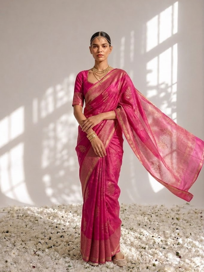 Dhiyona ST Fuchsia Pure Silk Kota Printed Saree with Blouse Fabric